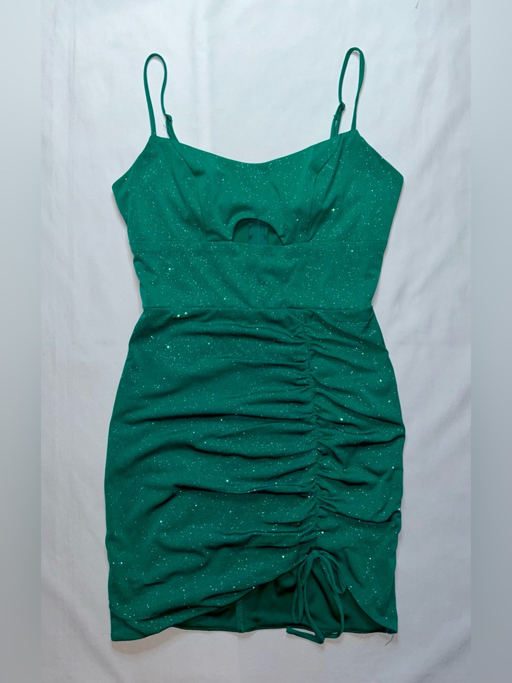 City Vibe Emerald Green Glitter Ruched Bodycon Mini Dress Size 1